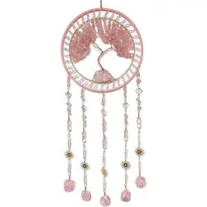 Crystal Tree of Life Dream Catchers with Stone Pendant Pink Dream Catcher Wall Decor Handmade Dreamcatcher Wall Hanging Ornament for Bedroom Living Room Home Decor
