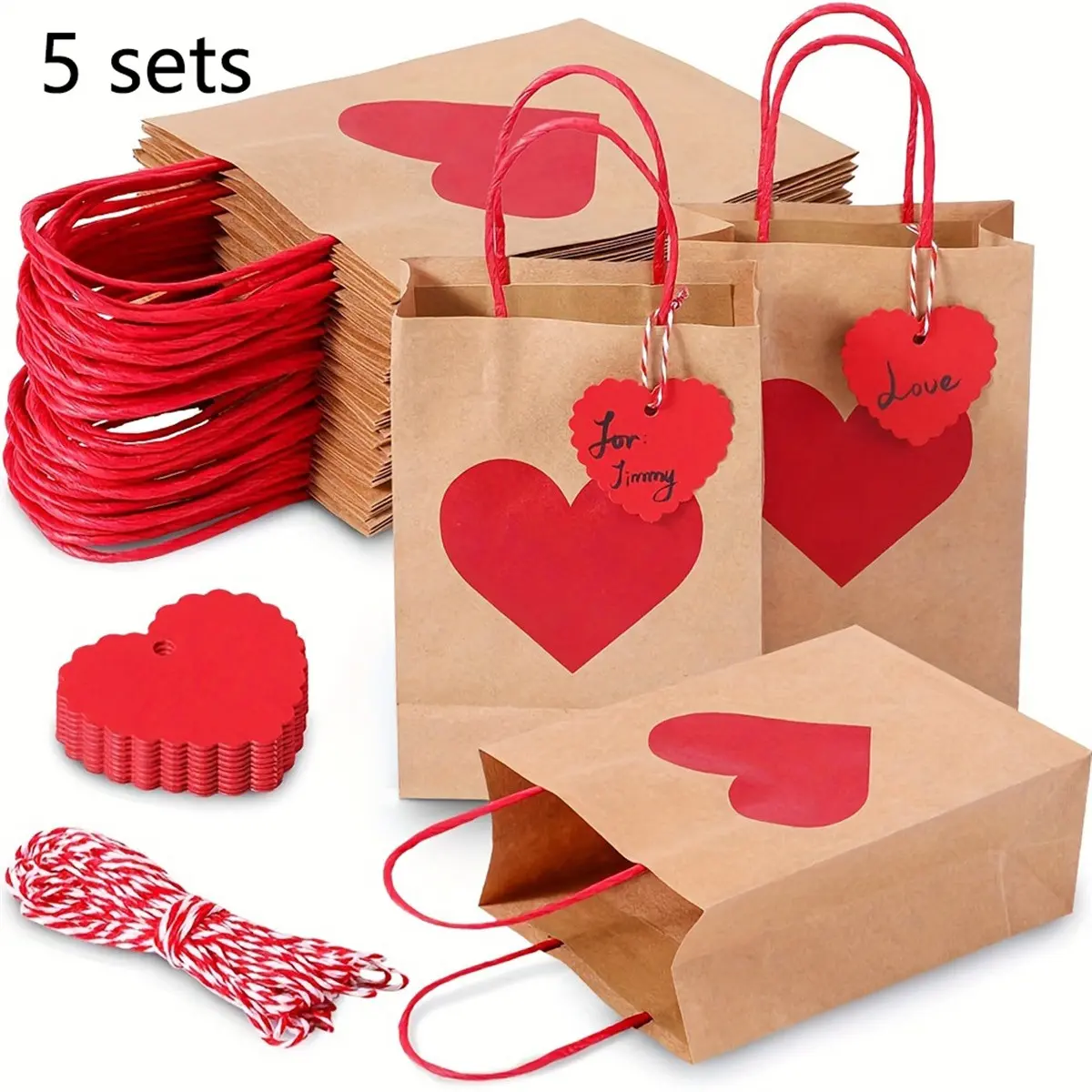 5 Heart-Shaped Gift Bags, Valentine's Day Gift Bags, Perfect for Easter, New Year, Mother's Day, Thanksgiving, Birthday, Wedding, Reinforced Bottom