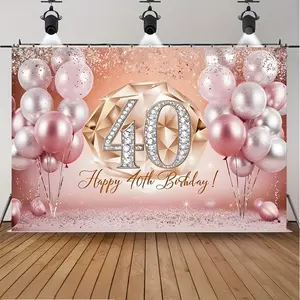 Birthday Backdrop Banner Rose Gold Glitter Elegant Luxury Style Tapestry Wall Hanging Photography Background Polyester Fiber 40th Birthday Party Decor Indoor Outdoor Celebration Photo Booth Props