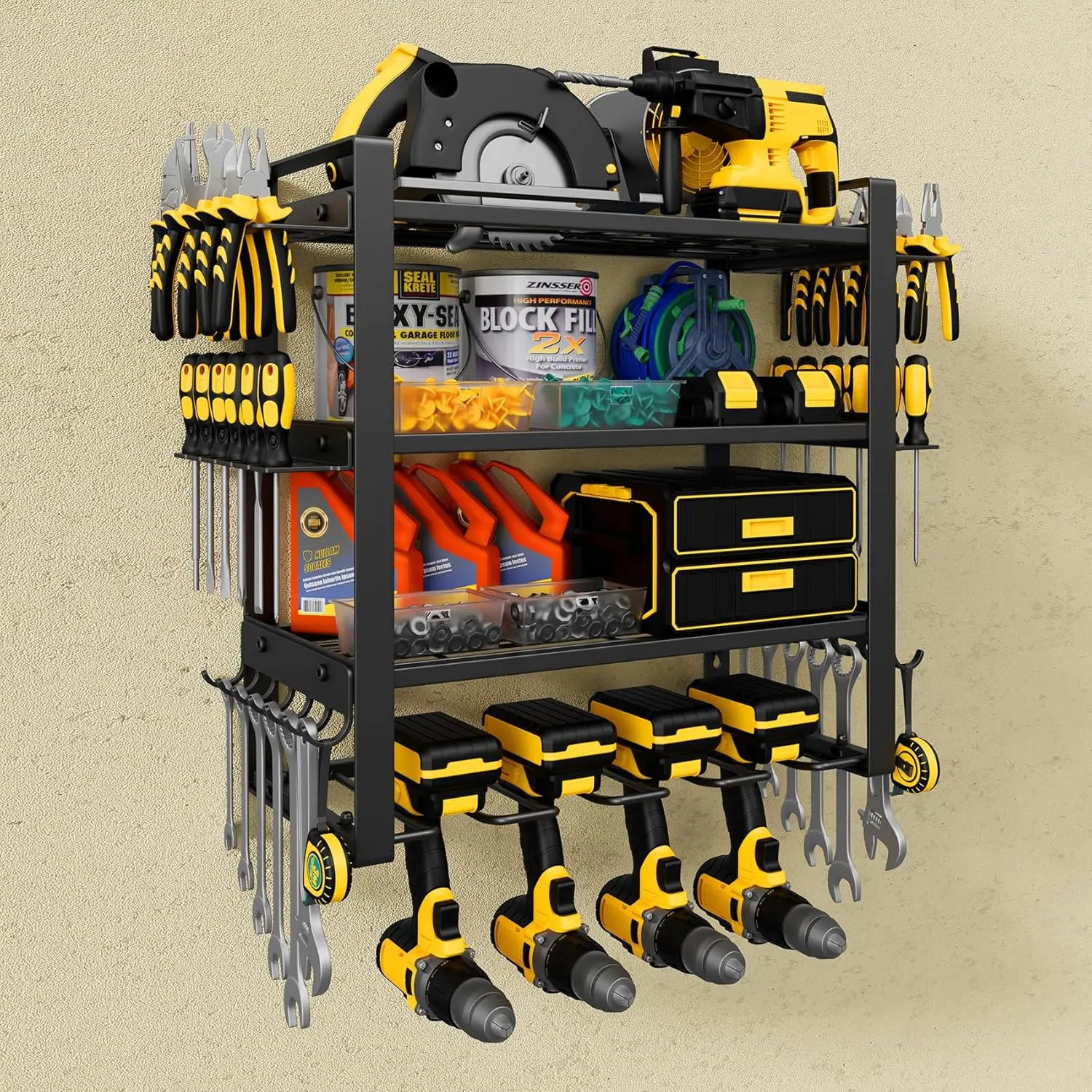 Power Tool Organizer Wall Mount, 4-Tier Tool Storage Rack with 8 Drill Holders, 200LBS Load Heavy Duty Cordless Tool Shelf  Garage Organization, Gift  Men
