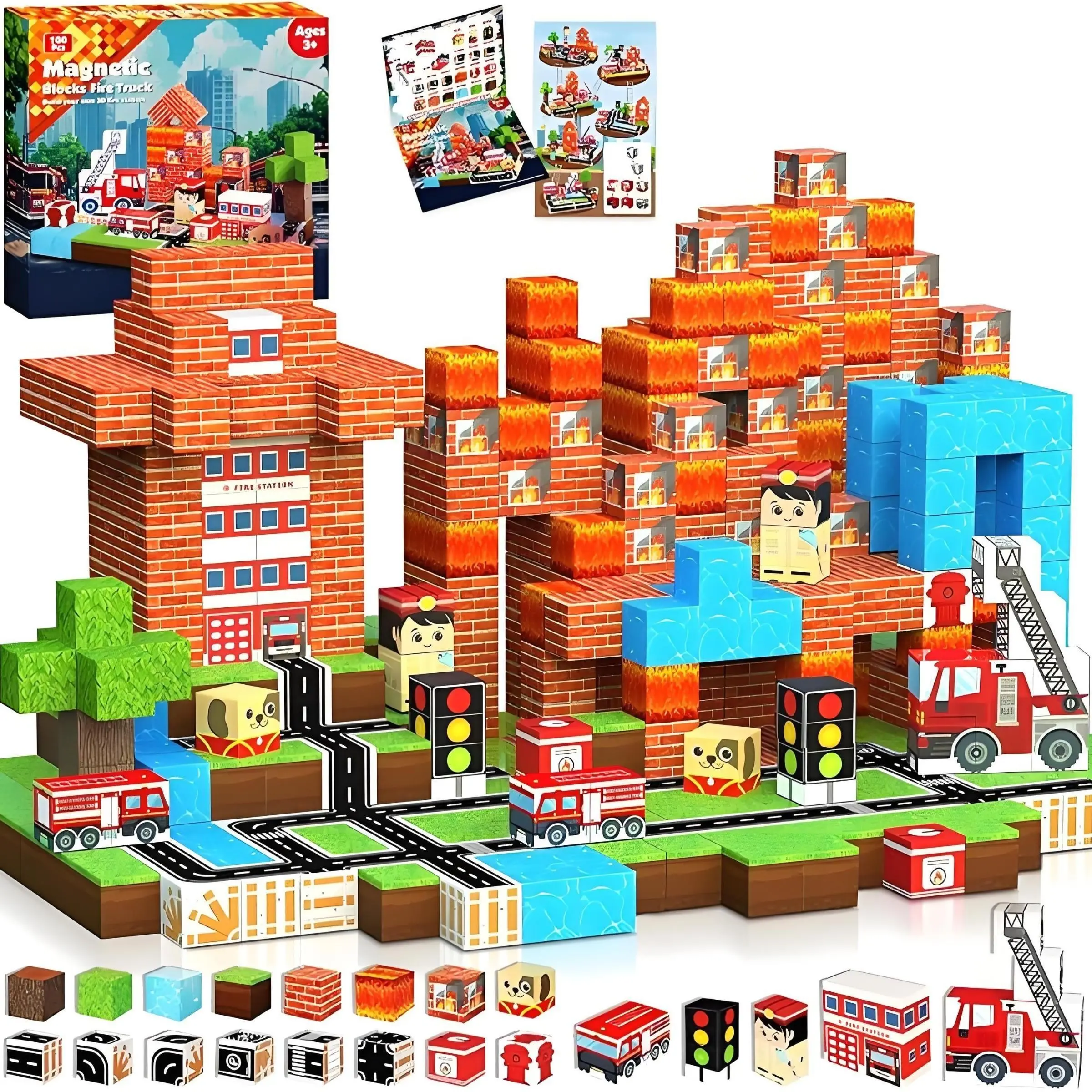 100pcs Magnetic Building Blocks, Firefighter Puzzle Set, Educational Toy, Perfect for Birthday, Party, Halloween, Christmas Gifts