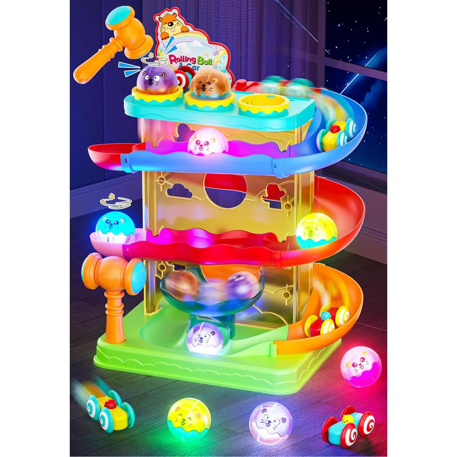 2-in-1 Rolling Ball & Car Ramp Race Track for Toddlers, Hammer Ball Drop Toy for Boys & Girls, Interactive Toys w/Sensor Lights - Learning Toys - Brithday Gift for Kids 1-5+ Year Old