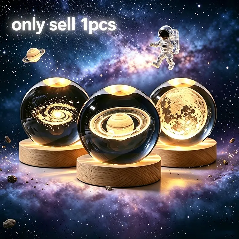 3D Crystal Ball Night Light Led Lamp Astronomy Solar Syste Galaxy Lamp Saturn Planets Moon with USB-Powered LED Bulb & Wooden Base - Space Theme Indoor Novelty Lamp Decor Gift Idea
