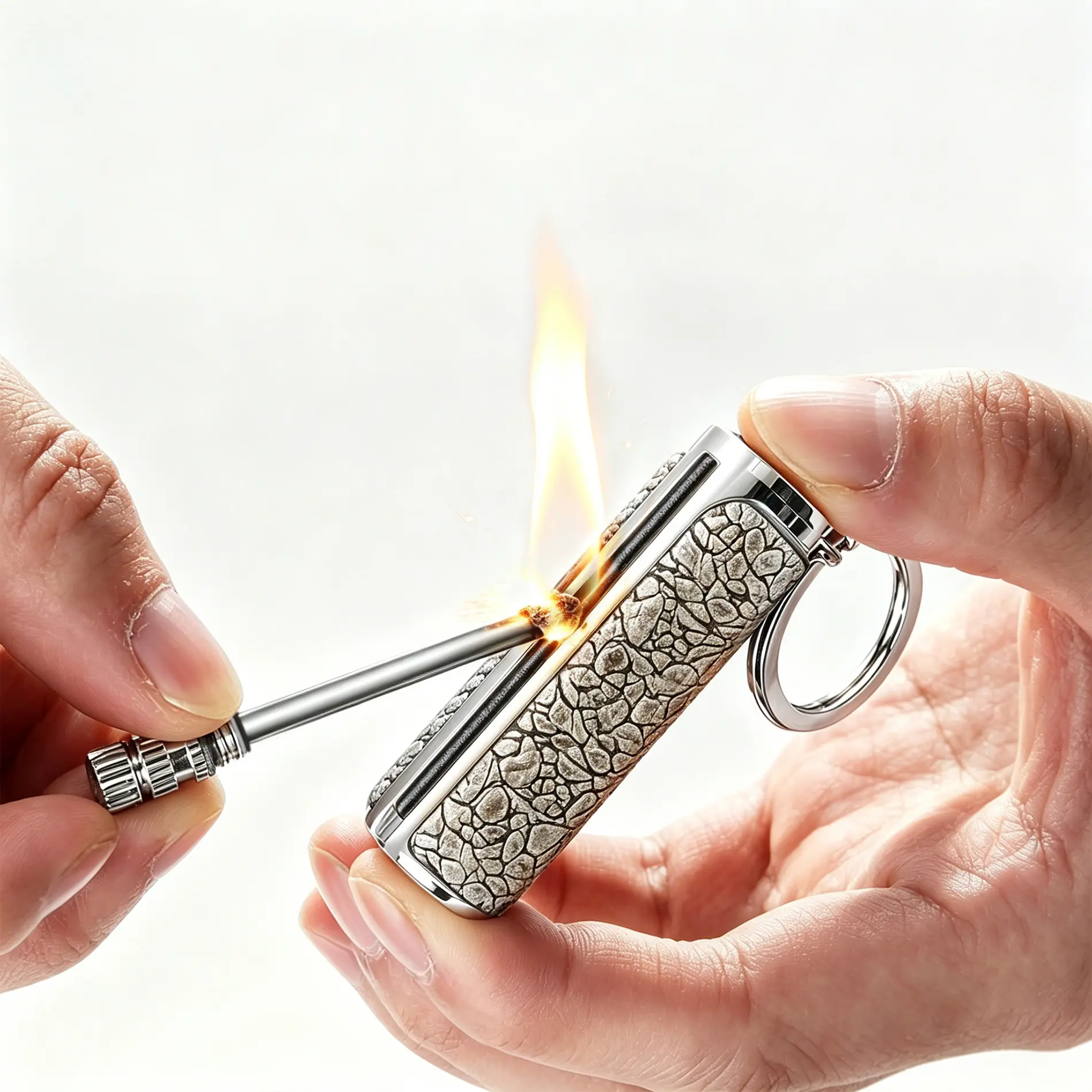 Waterproof Permanent Match Keychain Lighter, Refillable Flint Igniter, Portable Metal EDC Match Lighter, No Lighter Fluid Included, Suitable for Camping, Hiking, Wilderness Survival and Emergency Situations