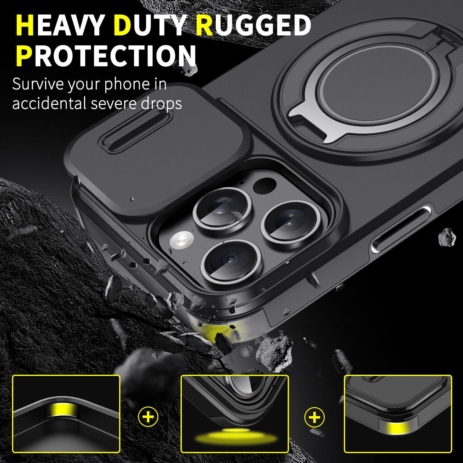 Case For iPhone 16 15 Pro Max 14 13 12 Military Shockproof 360° Rotate Mag Safe Magnetic Ring Holder Slide Camera Protective Cover