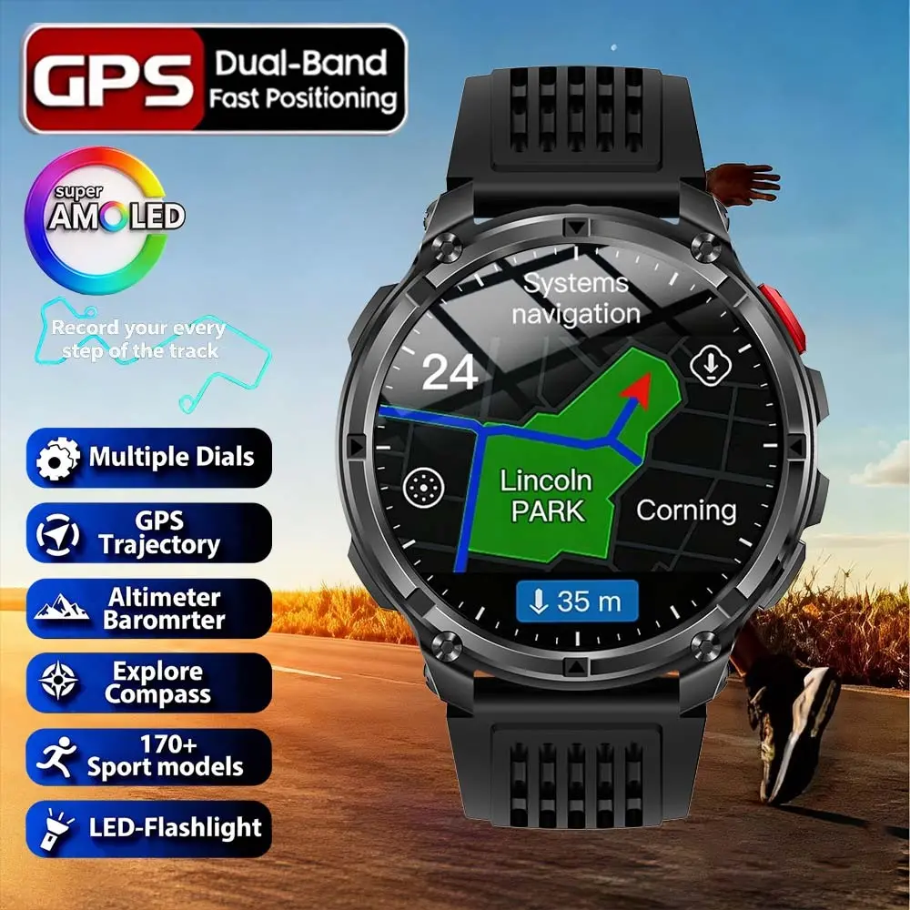 New Men Smart Watches Wearable GPS Path IP68 Waterproof BT Calls Sports Run tracker Outdoors Compass Military Smartwatch 1100mAh Battery