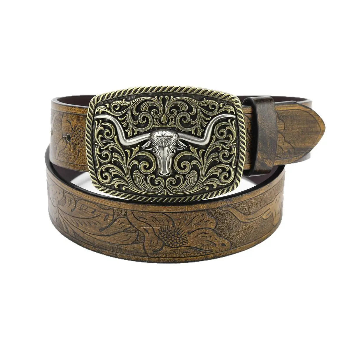 Durable PU Leather Strap with Heavy-Duty Large Longhorn Design, Country Style Fashion Accessory for Unisex Wear, Heavy-Duty Large Longhorn Animal Buckle, Cowboy Classic