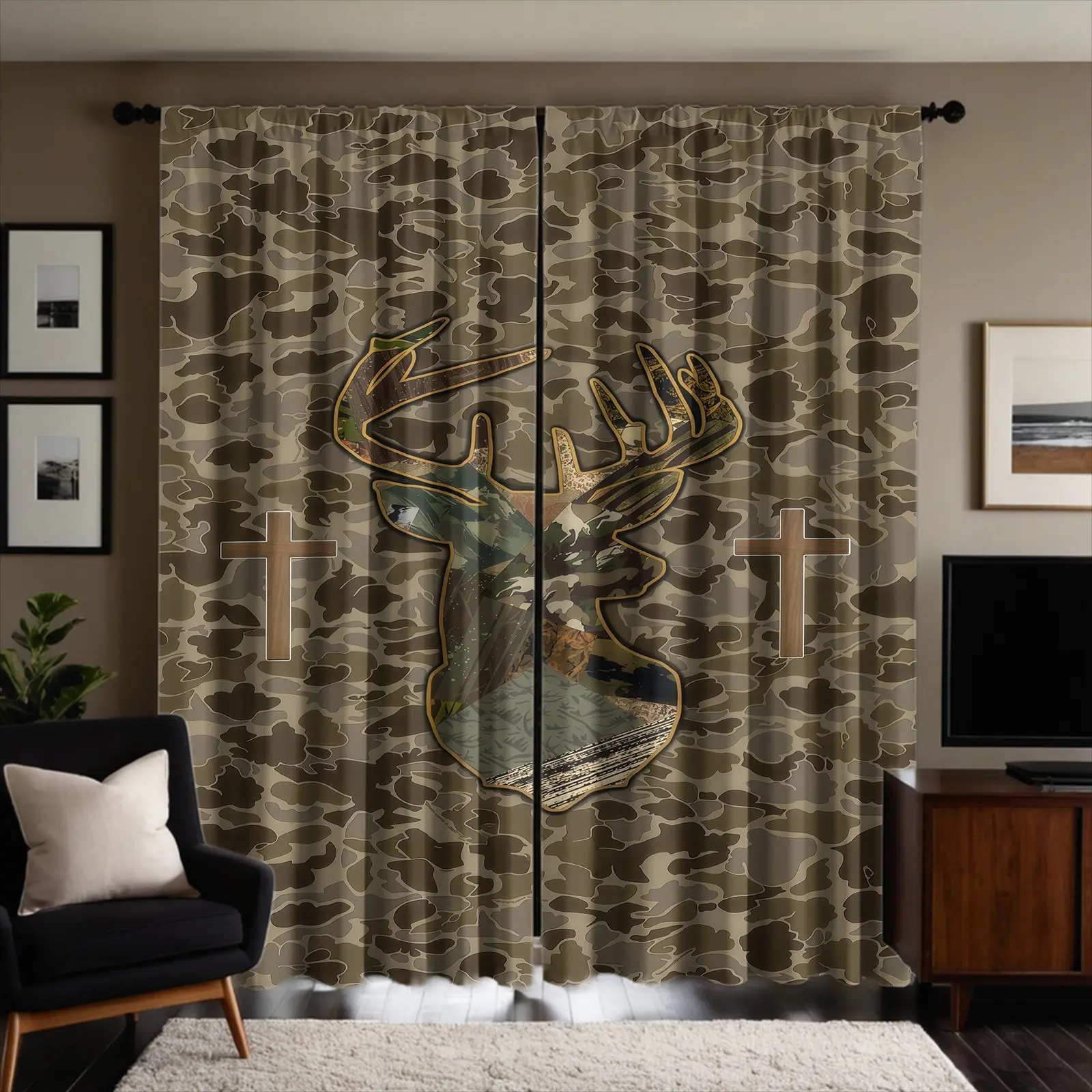 Camouflage Pattern Semi-Blackout Brushed Fabric Curtains, 2-Piece Pack, Suitable For Living Room, Balcony And Bedroom, Perfect Home Season Holiday Room Decoration