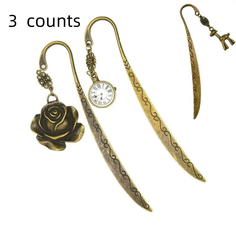 Vintage Bookmark Set, 3 Counts/set Book Page Marker, Random Style Clock & Rose & Deer Design Bookmark, Book Accessories for Home School Office