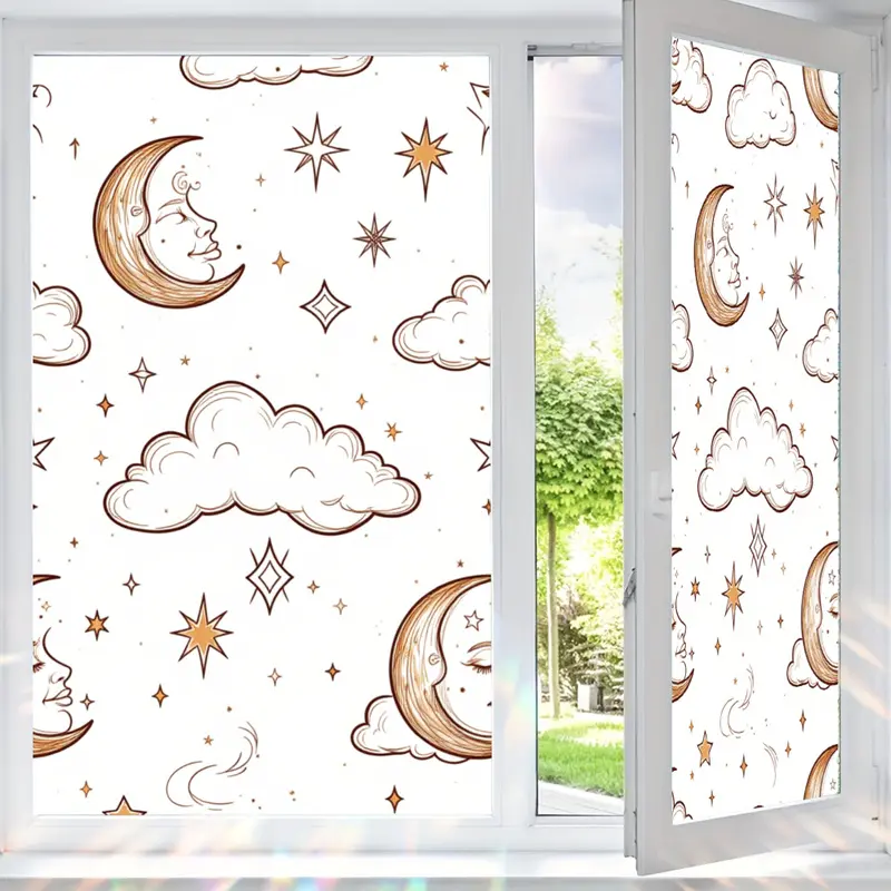 2D Flat Static Cling Moon Cloud And Star Pattern Window Film Ornament For Bedroom And Living Room Removable Deco Stickers Decorative Decal Window Decals For Glass Windows