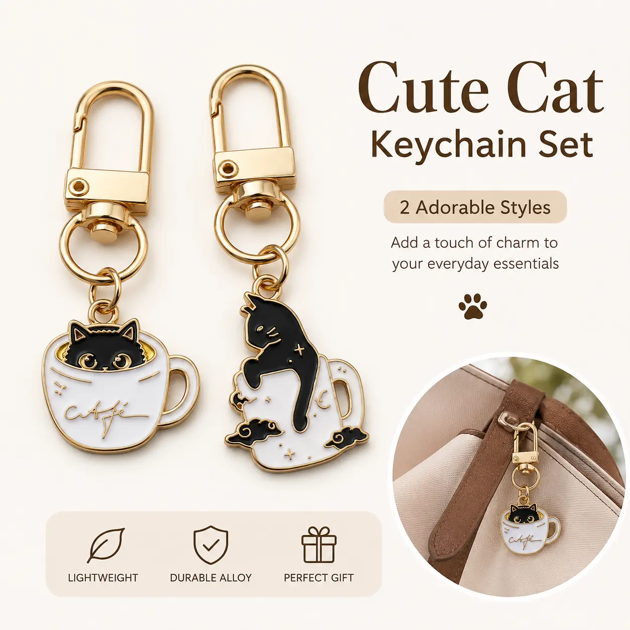 Cute Cat Design Keychain Set, Coffee Cup Cat Keychain, Alloy Pendant Bag Accessory Pendant, Creative Keychain, Backpack Pendant, Bag Charms, Keychain Kawaii, Keychain Accessories, Keychain Decor, Aesthetic Keychain, Cute Keychains-YY0
