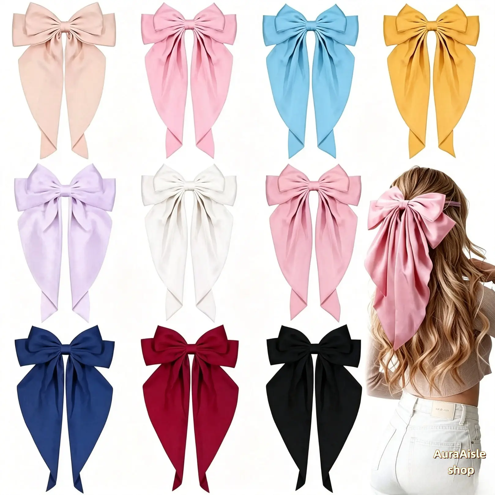 10 Pcs Oversized Satin Hair Bow Barrettes With Flowy Long Tails, Vintage Coquette French Style Hair Ribbon Clips, Non Slip Hair Accessories For Daily Outfit, Party, Wedding And Holiday Styling For Women & Teen Girls