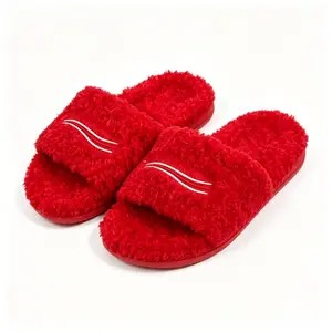 Warm Curly Fuzzy Open-Toe Home Slides, Classic Stripe Embroidery Non-Slip Slippers For Indoor & Outdoor Casual Wear