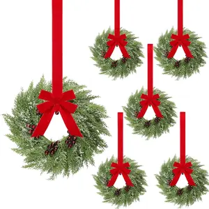 6 Pcs 15 Inch Small Christmas Norfolk Wreaths Mini Wreath with Bow Ribbon Cedar Berry for Xmas Front Door Window Cabinet Chair Fireplace Table Pillar Farmhouse