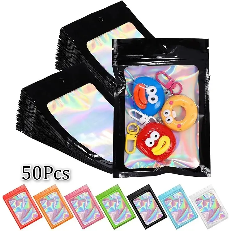 50Pcs Blue Odour-Proof Mylar Holographic Bags – Resealable, Odour-Proof Foil Pouches for Food Storage, Lip Gloss, Jewellery Premium Packaging