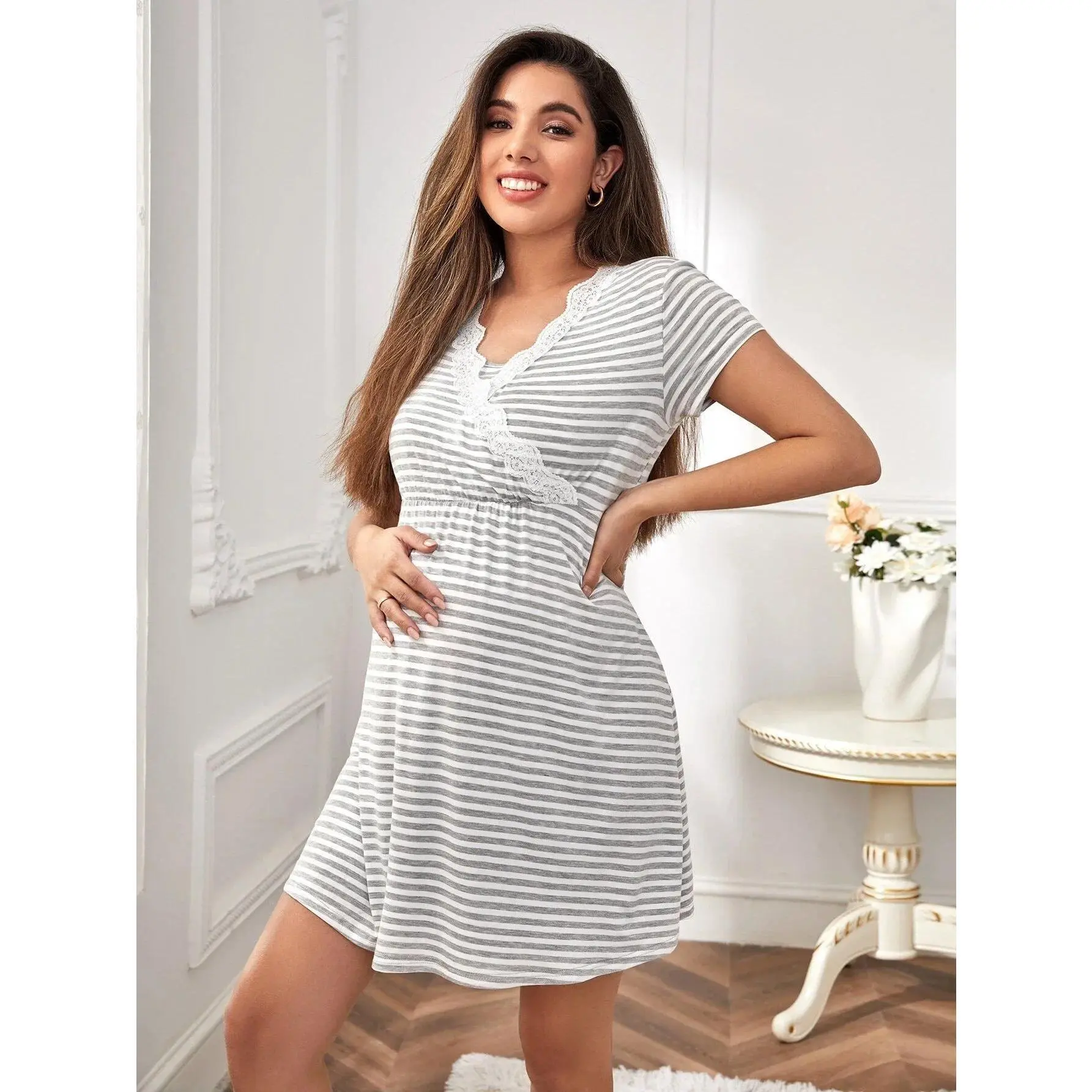 Pregnancy clothesMaternity White Striped Slim-Fit Short-Skirt Dress, V-Neck Shirt-Inspired, Short-Sleeve Top-Design, Comfortable Casual Versatile Summer Wear, Short Sleeve Tops