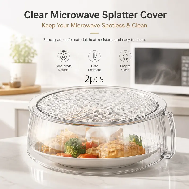 2 Transparent Microwave Splatter Covers, Modern Style, Food Grade Material, Prevents Oil Splash, Ideal for Office Workers, Students, Newlyweds