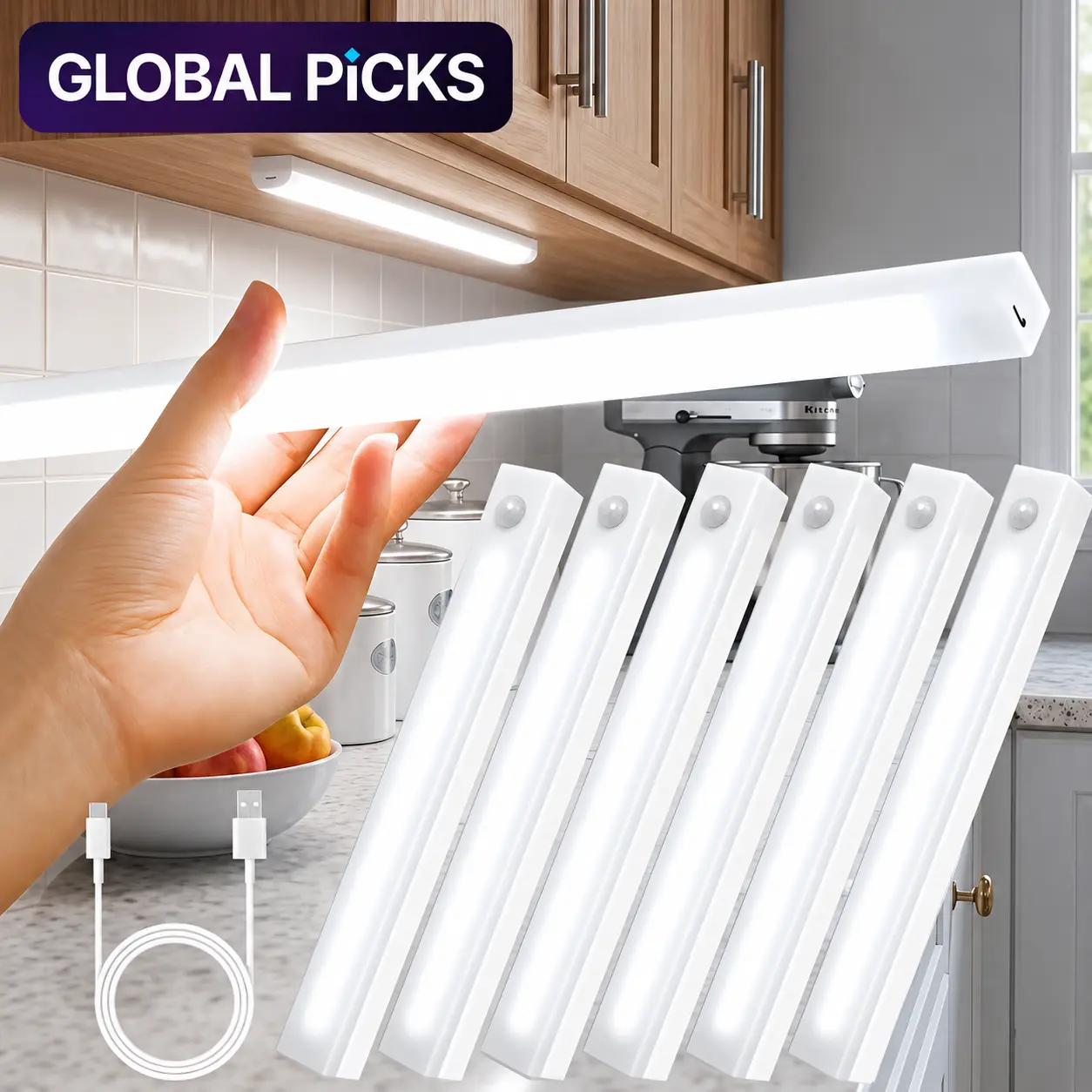 6-Piece Magnetic Under Cabinet LED Lighting Set Rechargeable Motion Activated Lights No Drilling Easy Mount Hands Free Auto On Off for Kitchen Bedroom Sink Area Hallway Living Room Closet Modern Home Decor Father Day Gift