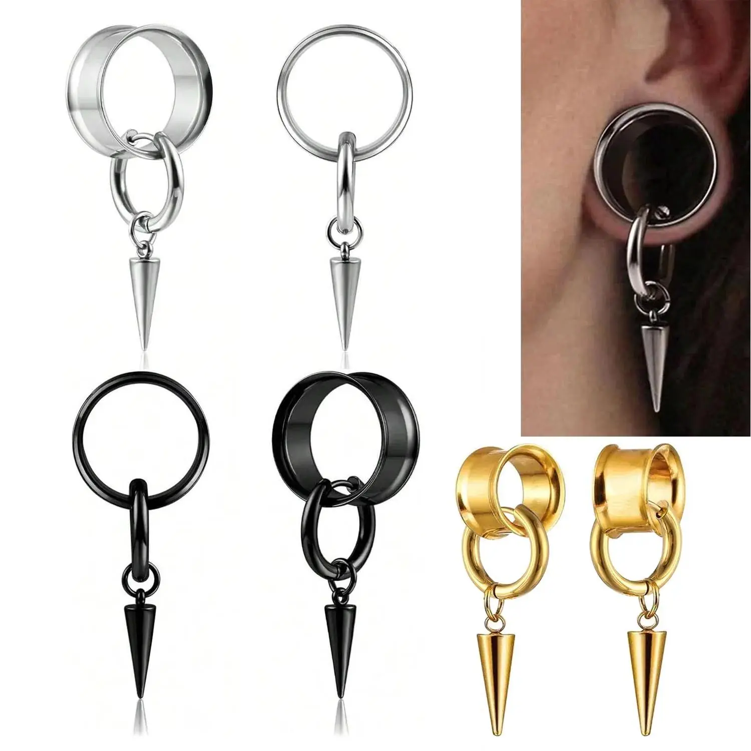 0g-1" 316 Stainless Steel Double Trumpet Shaped with Pointed Cone Elongated Ear Clip Tunnel Plug Body Piercing Jewelry 2 PCS