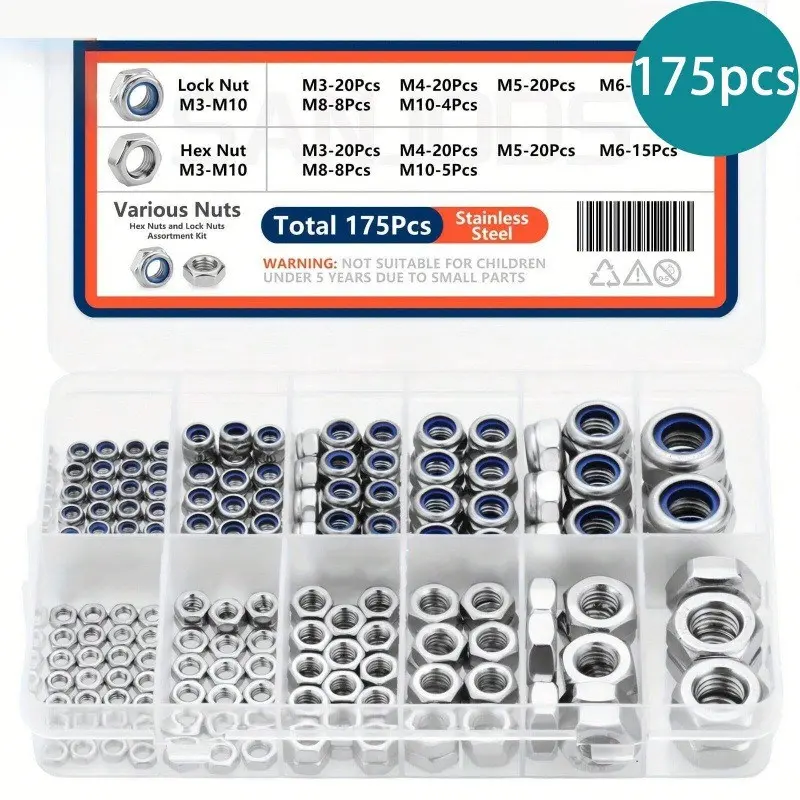 175PCS Stainless Steel Lock Nut Metal Hexagonal Nut Kit Box M3-M10