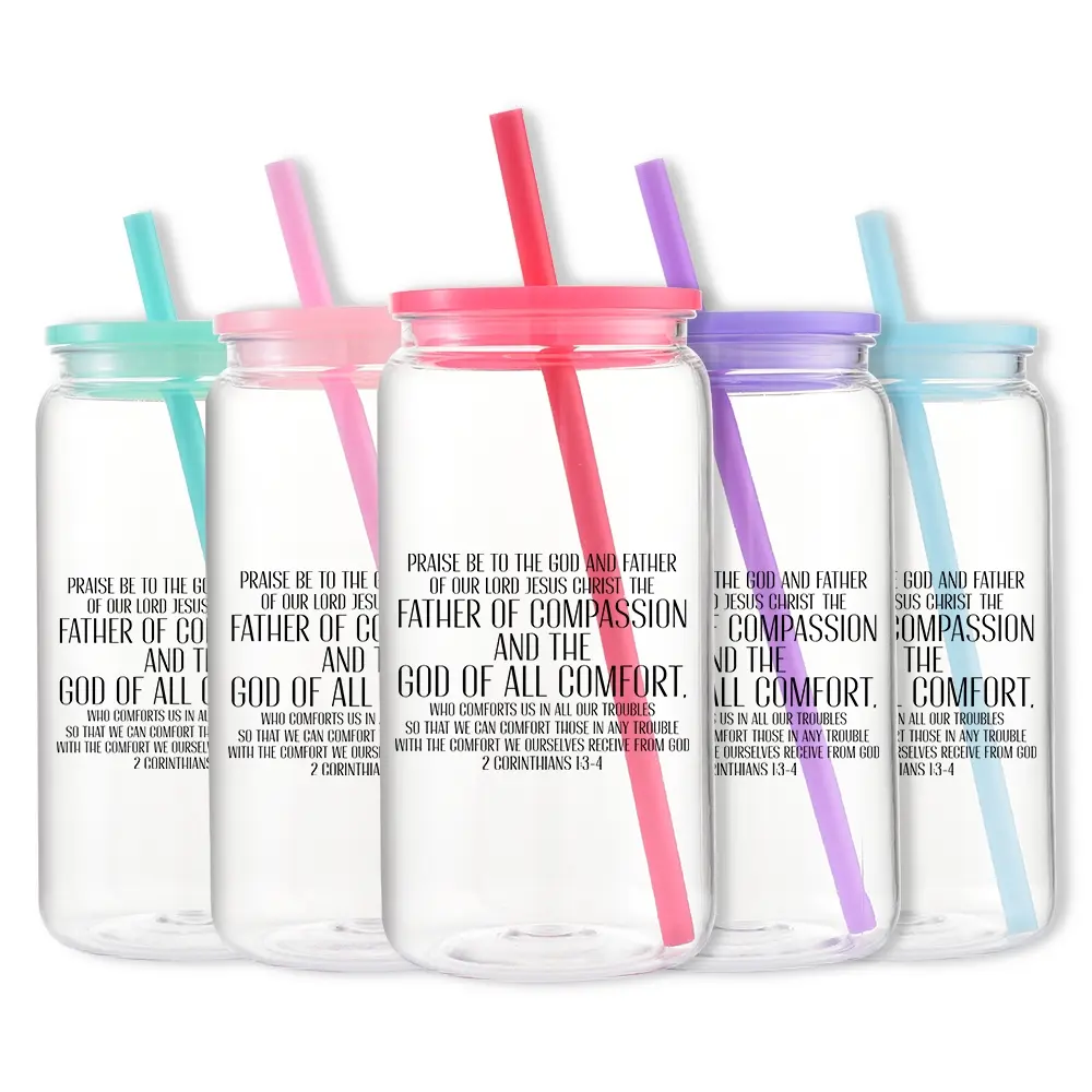 1pc/16oz/500ml/Plastic Mason Cup With Lids And Straw,Iced Coffee Cup,Mason Jar,Water Bottle,Religious Quote Design Perfect For Birthday Celebrations,Christmas Gifts,Father's Day Gifts,Mother's Day Gifts,Holiday Party Decorations