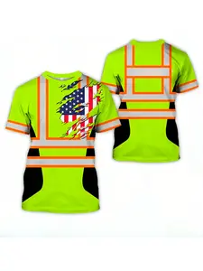 American Retro High Visibility Workwear, Fluorescent Block Short Sleeve, Patriotic Flag Pattern Safety T-Shirt, Casual Loose Fit