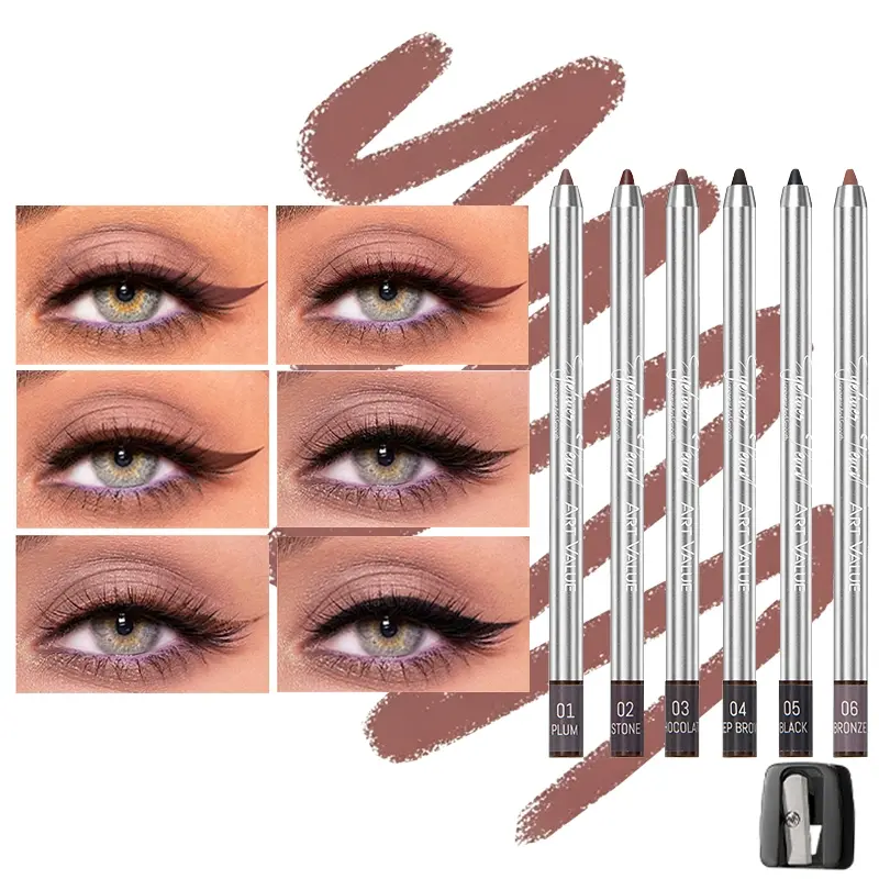 6-color eyeliner pencil set, color display, anti smudge, lasting makeup, natural makeup effect