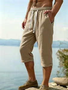 Men's Linen Seven-Quarter Casual Pants, Beach Vacation Relaxed Style, Drawstring Waist, Breathable Texture, Summer, Home & Commute