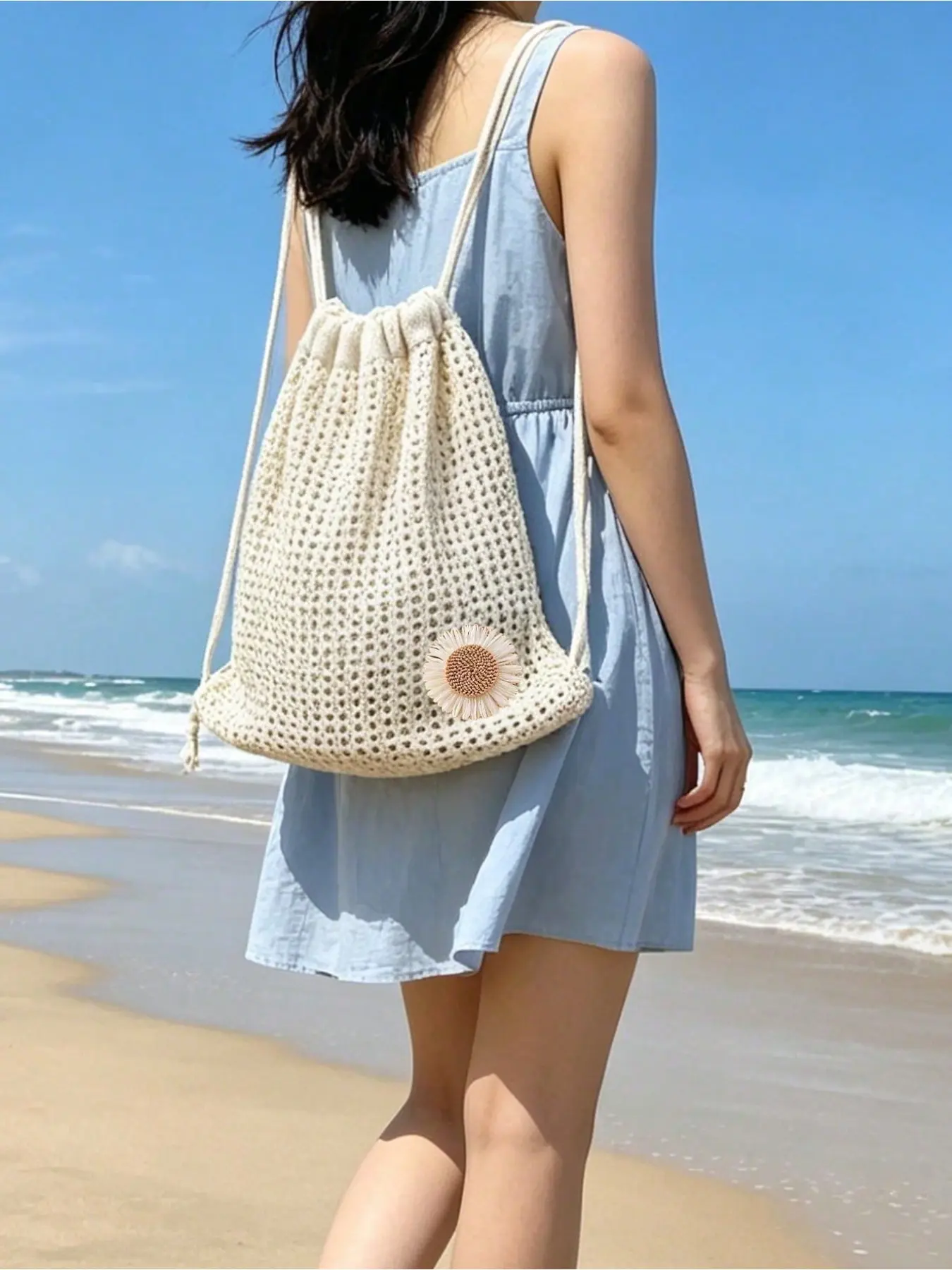 Crochet Mesh Drawstring Backpack, Hollow Knit Beach Bag with 3D Sunflower Decor, Lightweight Breathable Foldable Summer Tote