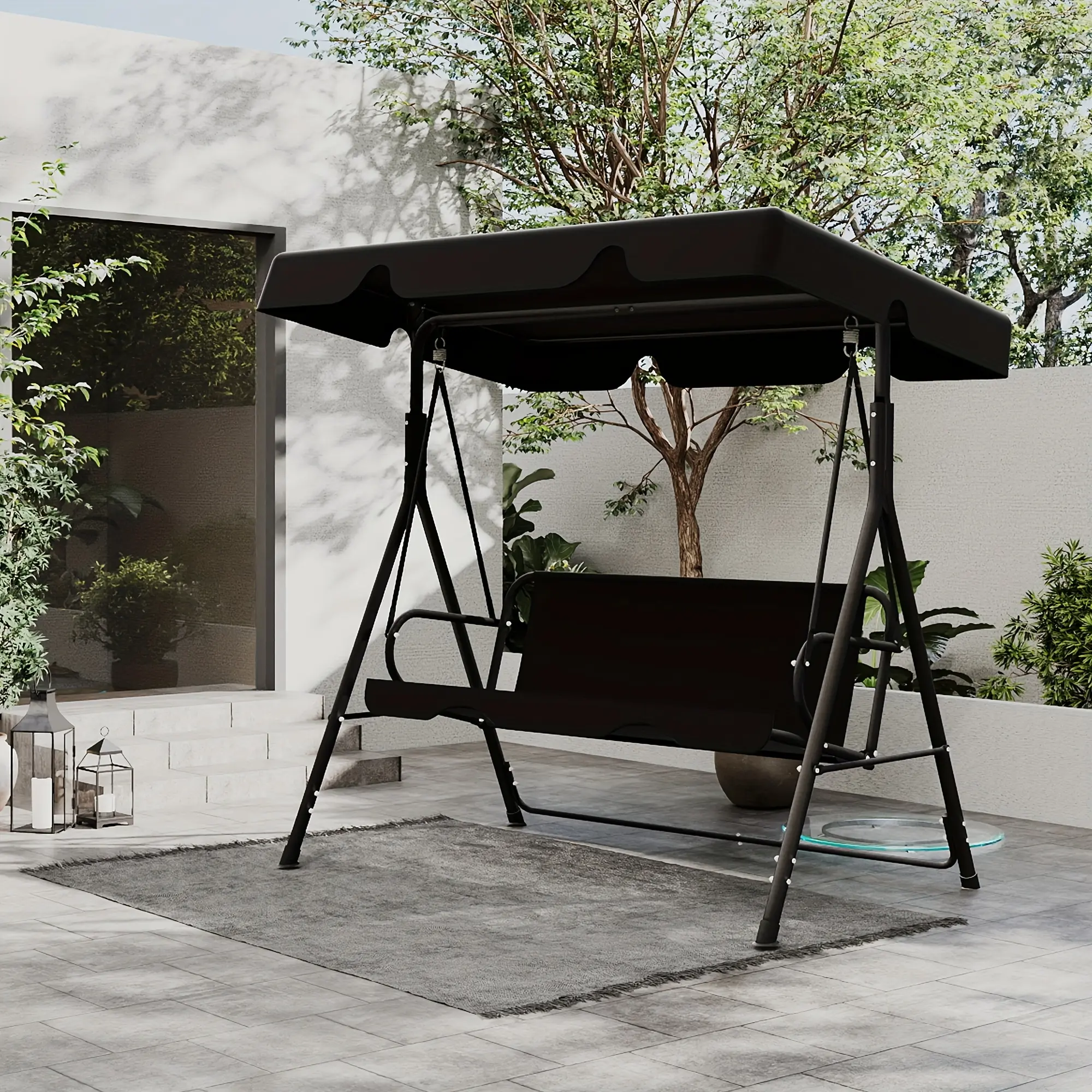 Covered Outdoor Patio Swing Glider With Canopy And Heavy Duty Stand, Adjustable Bracket, For Adults, Ideal For Porch, Garden, Lawn, Rust Proof Construction For Long Life