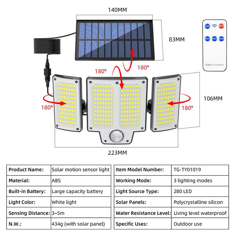 Outdoor Solar Light with Motion Sensor, Remote Control, 3 Modes, 3 Heads, Water Resistant, Solar Powered Spotlight, Ideal for Yard, Garage, Porch, Garden