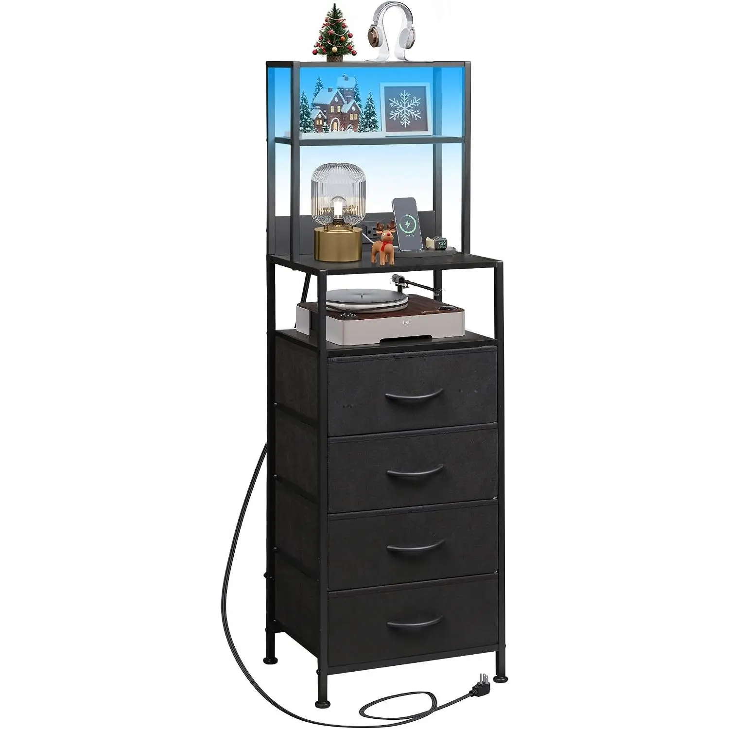 Black Fabric Tall Nightstand with Charging Station, LED Lights, 4 Drawers and Open Storage Shelves – Indoor Furniture for Bedroom, Office