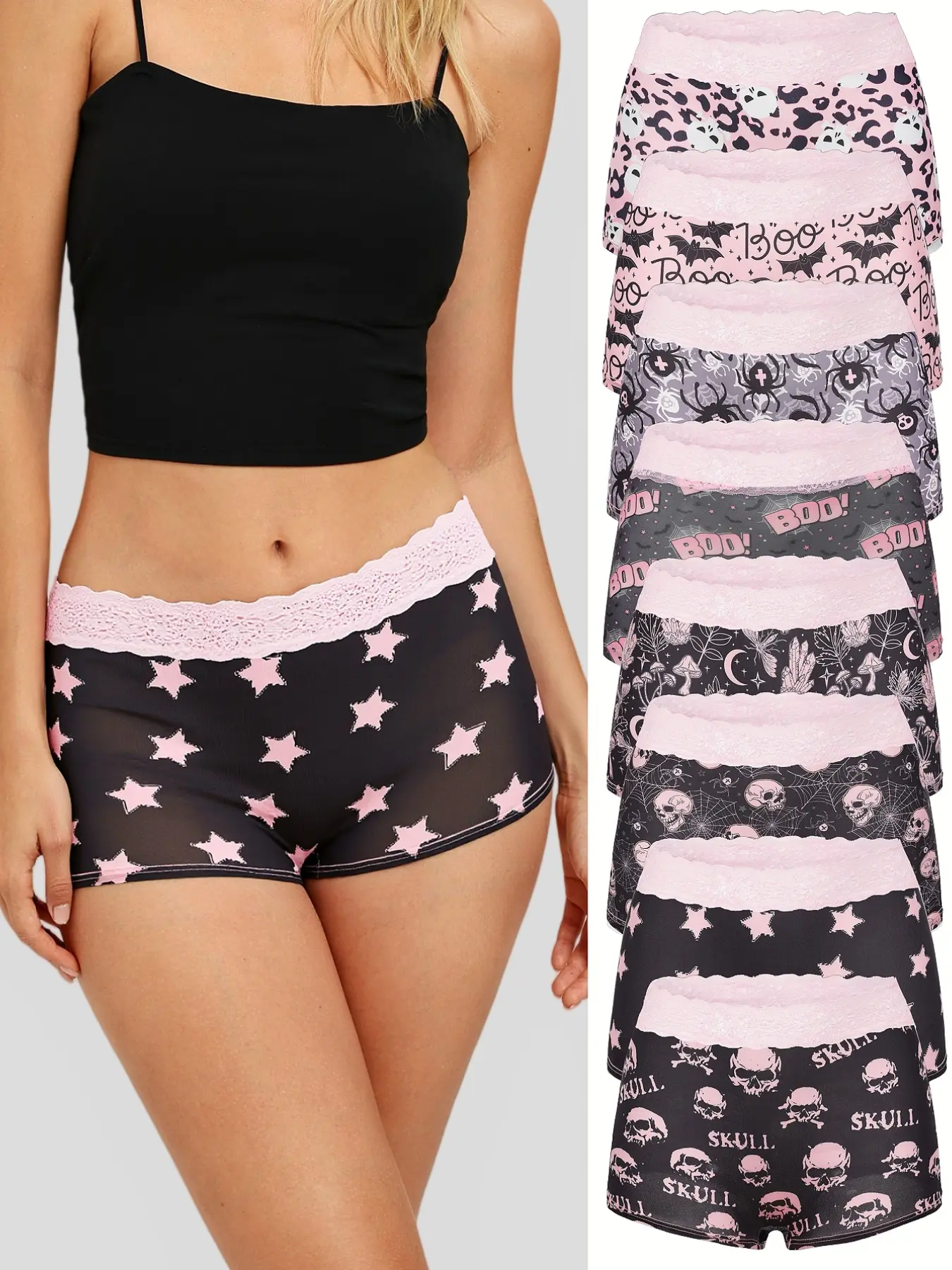 8-Pack Pink Lace Waist Halloween Print Women Boyshort Underwear, Spooky Boo Bat Star Leopard Pattern Gothic Pastel Goth Boxer Shorts, Alt Girl Y2K Soft Girl Casual Boyshort Panties Multipack