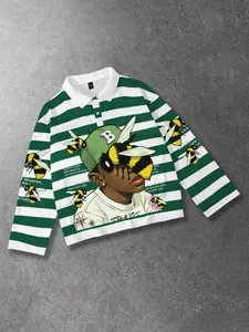 Green and white striped polo Baggy long sleeved men's T-shirt with rap bee print pattern and striped polo collar long sleeved shirt for European and American street life, unisex long T-shirt in ins style