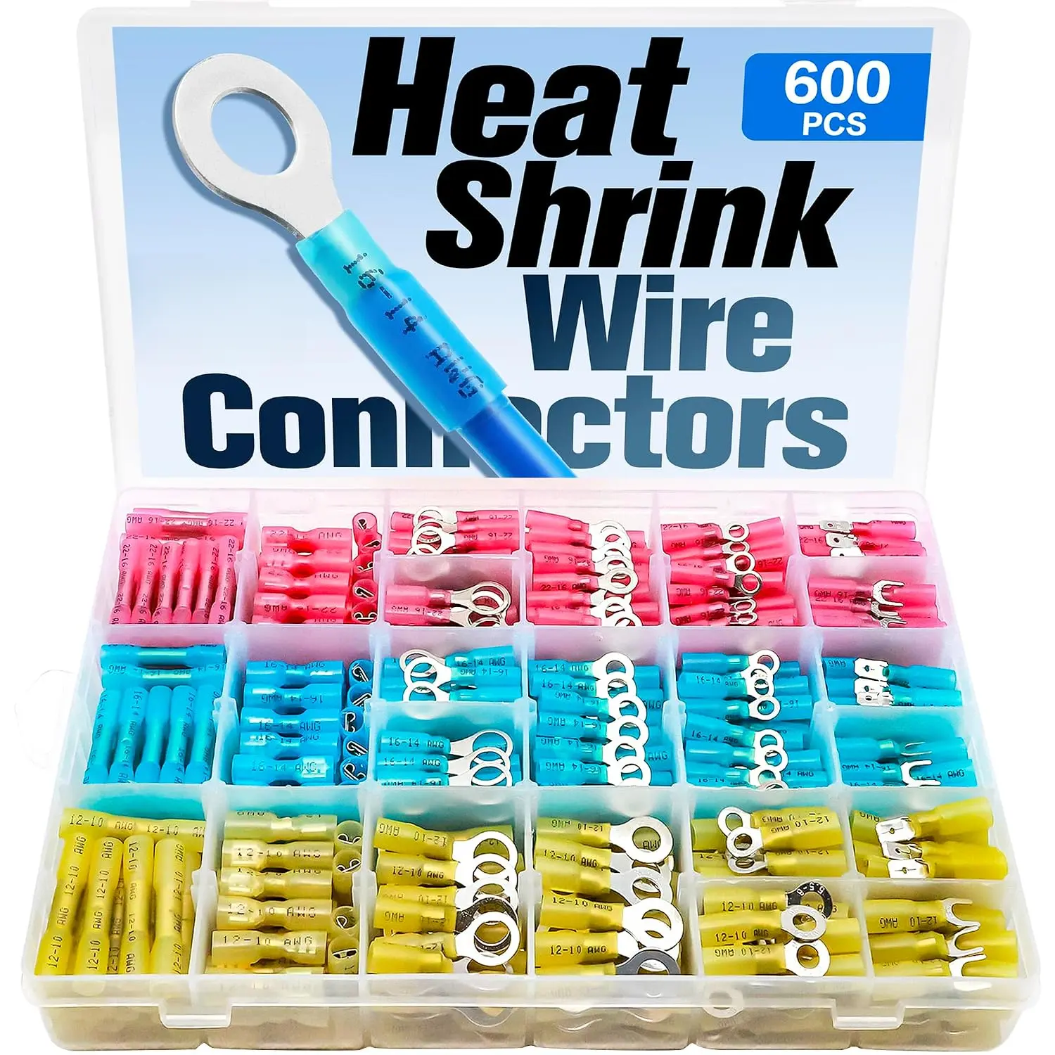Heat Shrink Wire Connectors Electrical Kit - Marine Automotive Crimp Terminals Assortment, Waterproof Ring Fork Spade Electrical Butt Connector