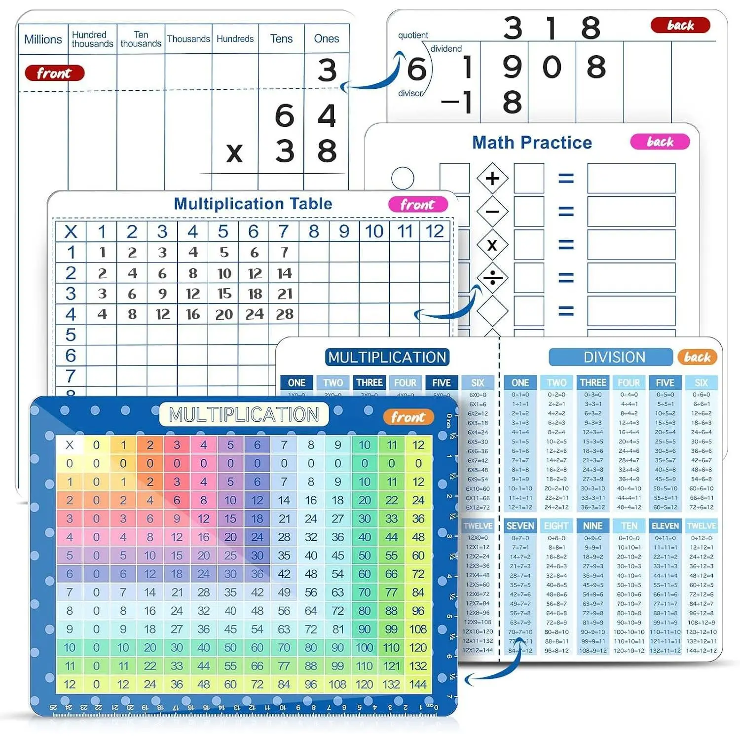 3 Pack Double Sided Dry Erase Math Whiteboards with Times Table Chart, 9"x12" Multiplication Division Boards and 8"x11" Multiplication Table for Classroom Homeschool Supplies