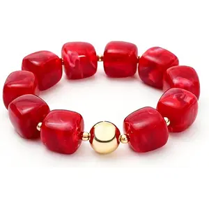 Chunky Cube Beaded Stretch Bracelet for Women Marble Pattern Acrylic Elastic Bangle with Gold Bead Accent Boho Vintage Statement Jewelry for Daily Wear Vacation Party Gift
