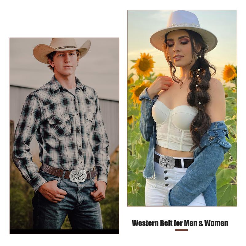 XZQTIVE Unisex Western Genuine Leather Belt - Floral Engraved Tooled Strap with Embossed Scrollwork Buckle, Perfect for Cowgirls & Cowboys