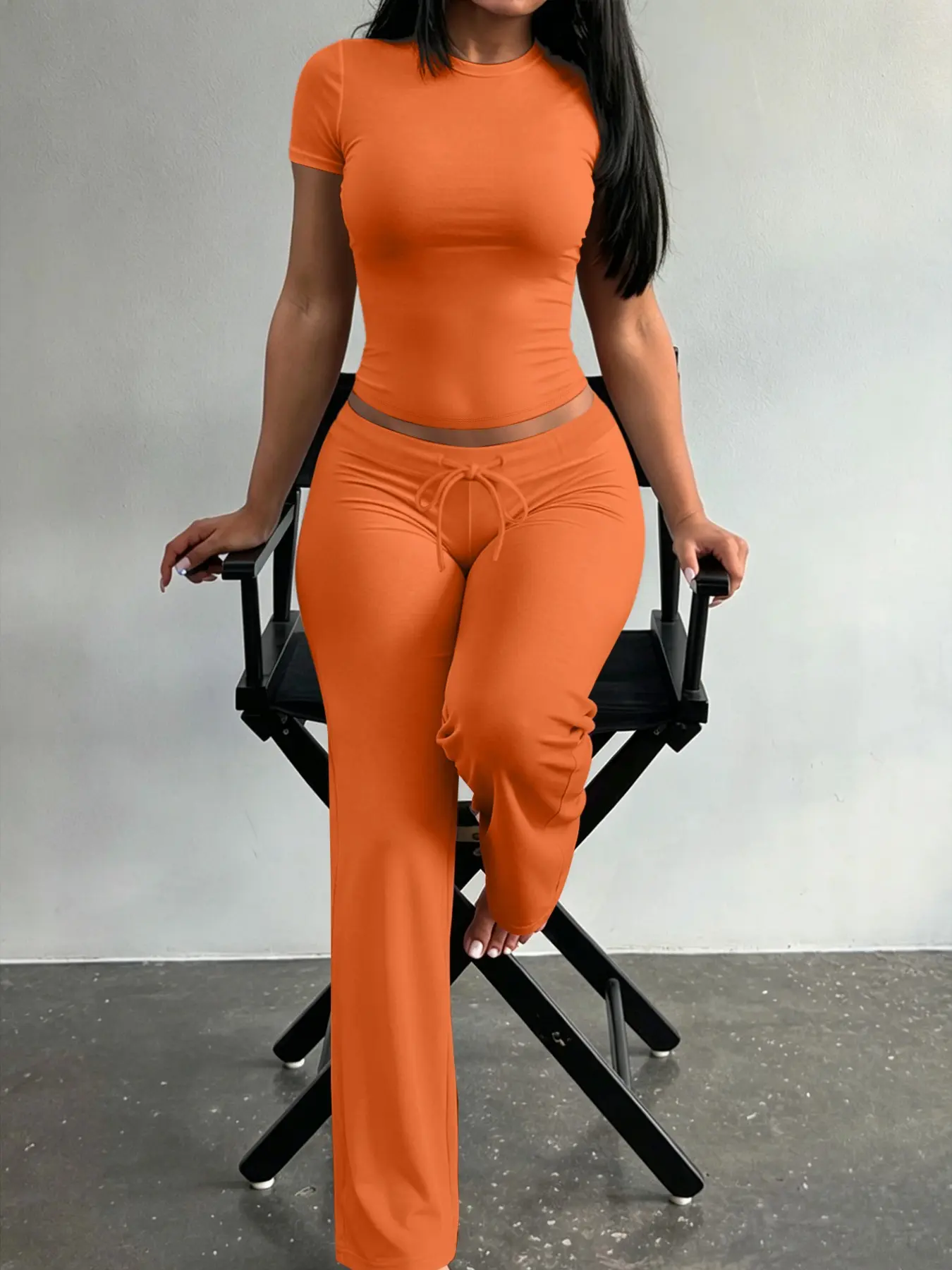 Lw Zillionaires Multi Color Plain Short Sleeve Cropped T-Shirt and Low Rise Drawstring Flared Trousers Two Piece Outfit, Basic Bodycon Casual Matching Set for Women Going Out Streetwear