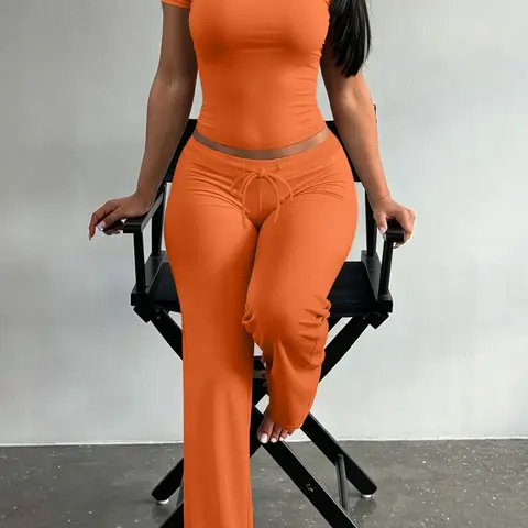 LW Zillionaires Solid Color Short Sleeve Cropped T-Shirt and Drawstring Flared Trousers Two Piece Set, Basic Bodycon Casual Matching Set for Women, Going Out Streetwear Outfit