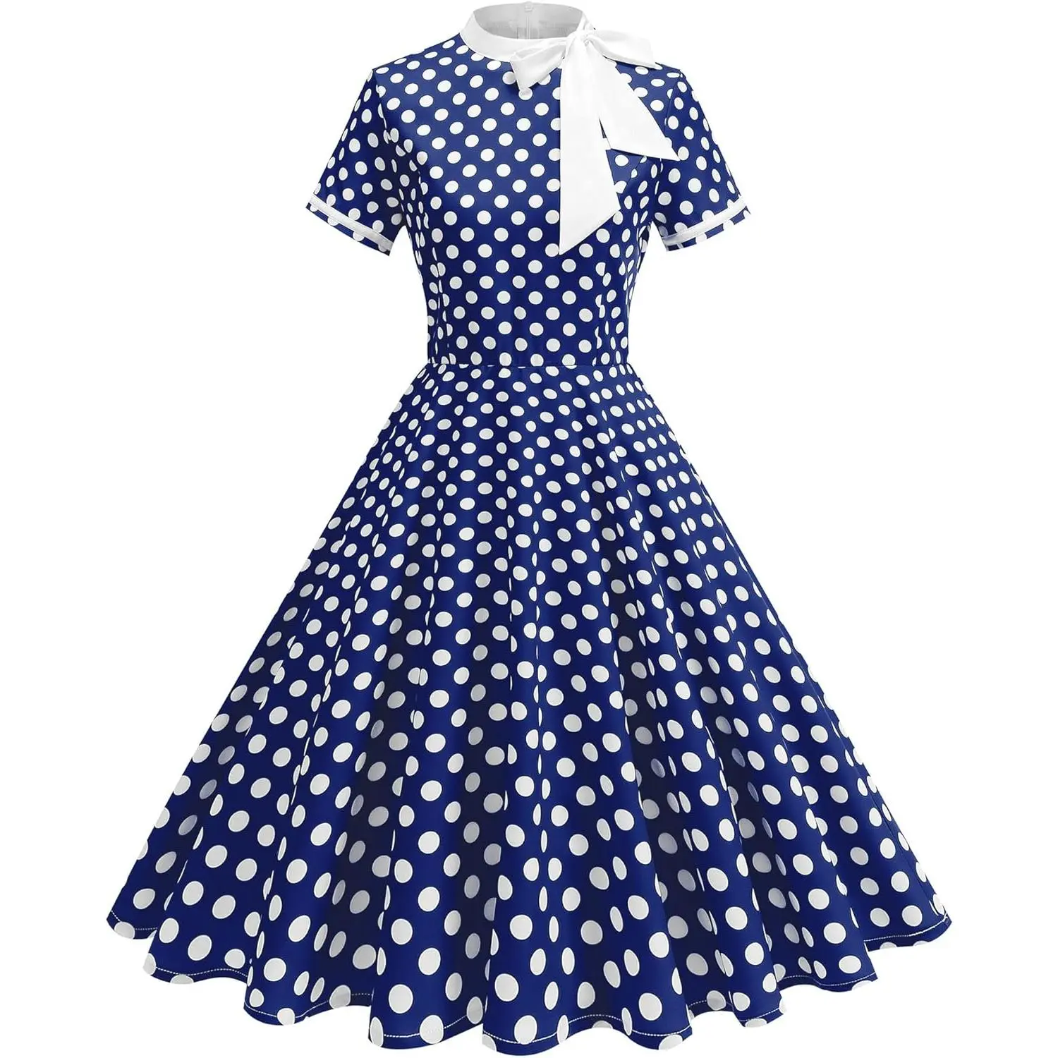 50s Style Dresses for Women Vintage Polka Dot Short Sleeve Tie Neck Swing Dress Midi Prom Retro 1950s Dress