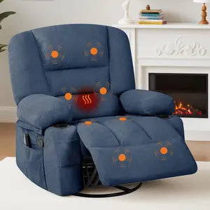 Garvee 360° Swivel Recliner Chair with Heat and Massage, Spacious Overstuffed Single Sofa Lounge Chair Featuring Side Pockets and Cup Holders, Ideal for Living Room, Bedroom, and RV Use
