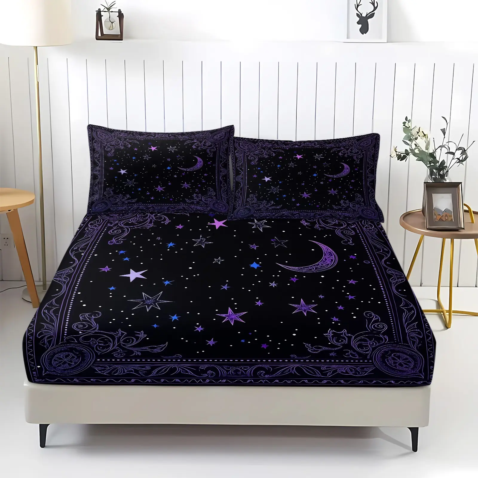 3Pcs Celestial Moon Star Fitted Sheet Set, Mystic Tarot Style Purple Starry Sky Print Fitted Sheet with 2 Pillowcases, Soft Breathable All Round Elastic Fitted Sheet, Gothic Mysterious Home Bedroom Dorm Decor