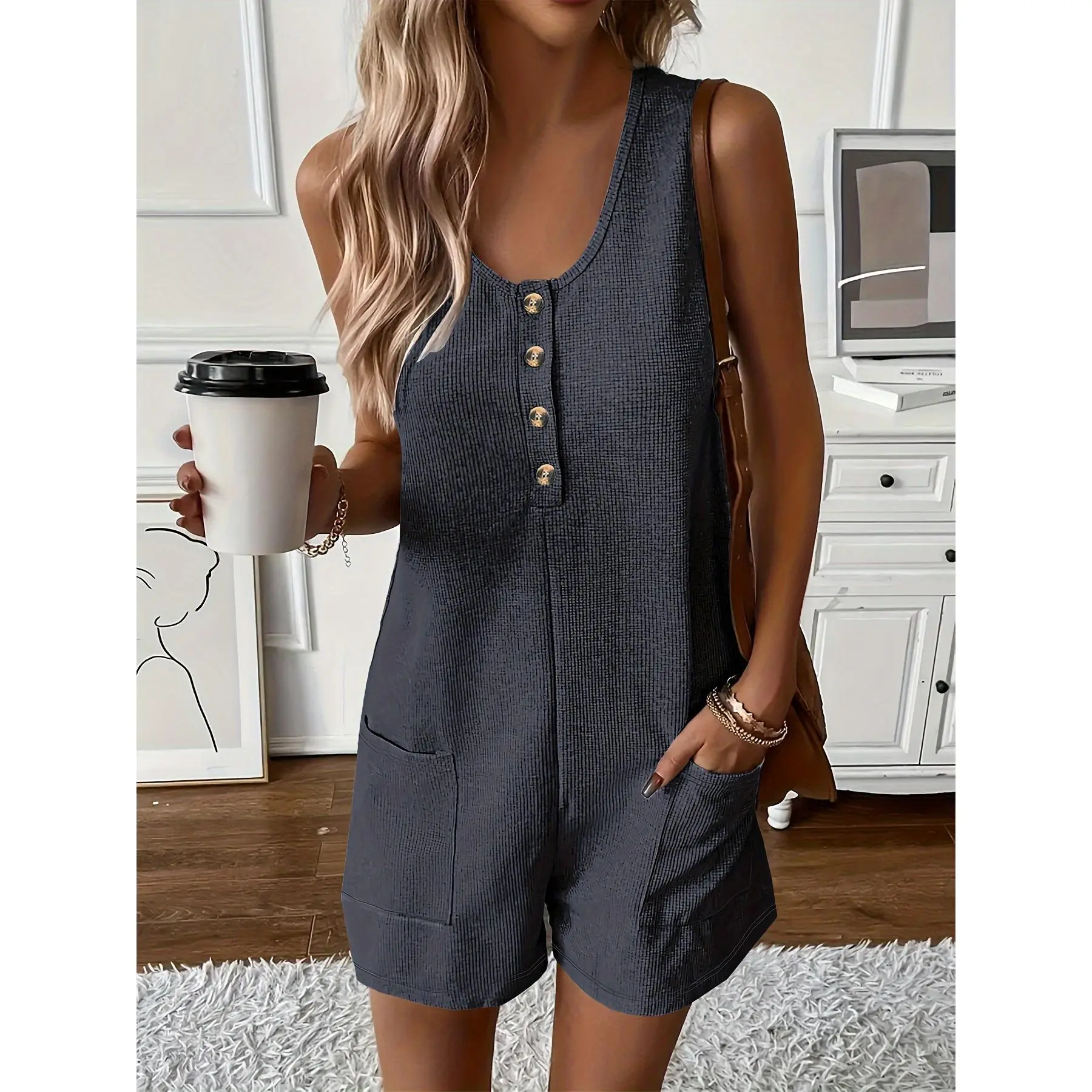 Button Front Romper Jumpsuit With Pockets, Casual Solid Color Sleeveless Romper Jumpsuit, Women's Clothing