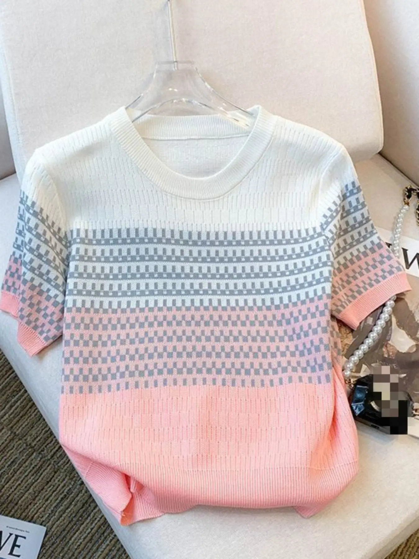 Women's Colorblock Gradient Checkered Short Sleeve Knit Top, Elegant Slim-Fitting Crew Neck, Perfect for Spring Summer, Casual