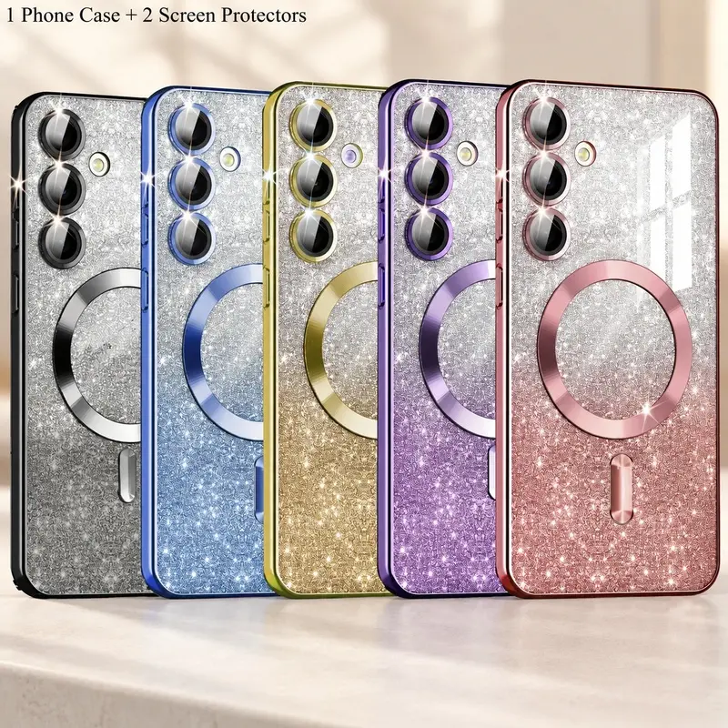 Magnetic Glitter Gradient Phone Case with TPU Bumper, 3-Piece Set with 2 Screen Protectors, Compatible with Samsung Galaxy A55, A35 and A15