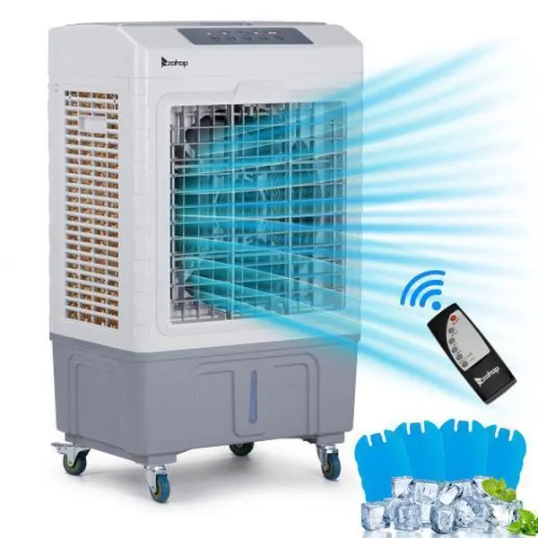 Winado 5.28/7.93 Gal/10.57 Gallon Air Cooler, 3-in-1 Portable Evaporative With Dust Filter, Indoor/Outdoor Use, With Remote Control And LCD Display, 10.57/13.2 Gallon Large Water Tank And Roller, 4 Ice Packs, Off-White