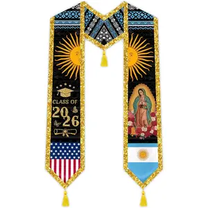 Graduation Stole Class of 2026 with Gold Glitter Trim, Flag Generation Sash for Unisex Adult 75" Long