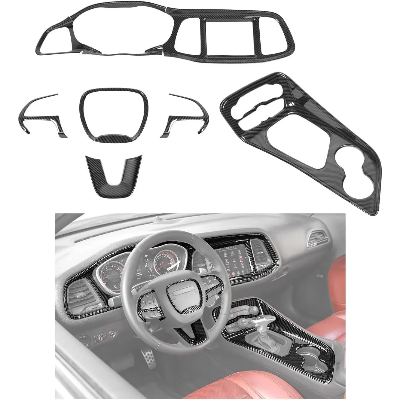 Carbon Fiber Interior Trim Kit Cover Center Console Gear Shift Panel Decoration Accessories for Dodge Challenger 2015-2026,9PCS