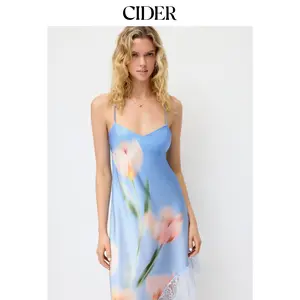 Cider Satin Floral Graphic Lace Trim Asymmetrical Hem A-line Maxi Cami Dress